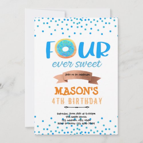 Donut FOURever sweet boy  party Invitation