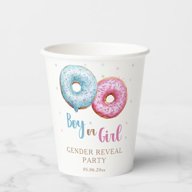 Donut Gender Reveal Boy Or Girl Party Paper Cups (Front)