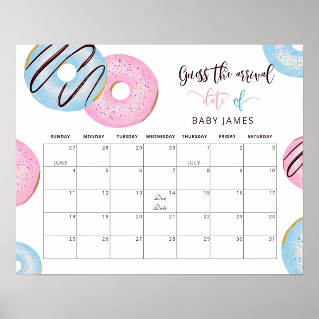 Donut gender reveal Guess the due Date calendar Poster Zazzle