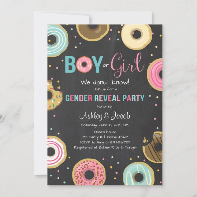 Donut Gender Reveal Invitation Boy or Girl He She (Front)
