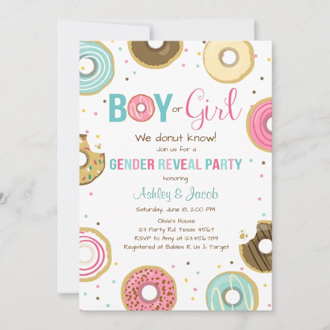 Donut Gender Reveal Invitation Boy or Girl He She (Front)
