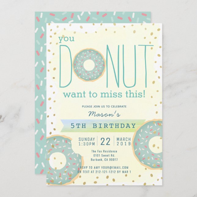 Donut Green x Gold Boy Birthday Invitation (Front/Back)