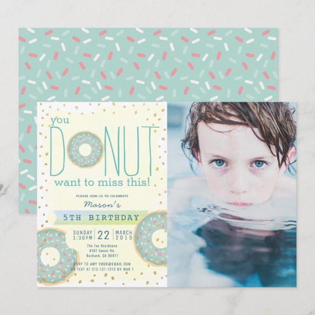 Donut Green x Gold Photo Boy Birthday Invitation (Front/Back)
