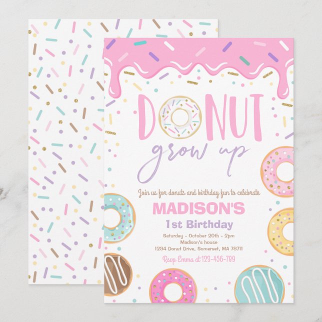 Donut Grow Up 1st Birthday Donut 1st Birthday Invitation (Front/Back)