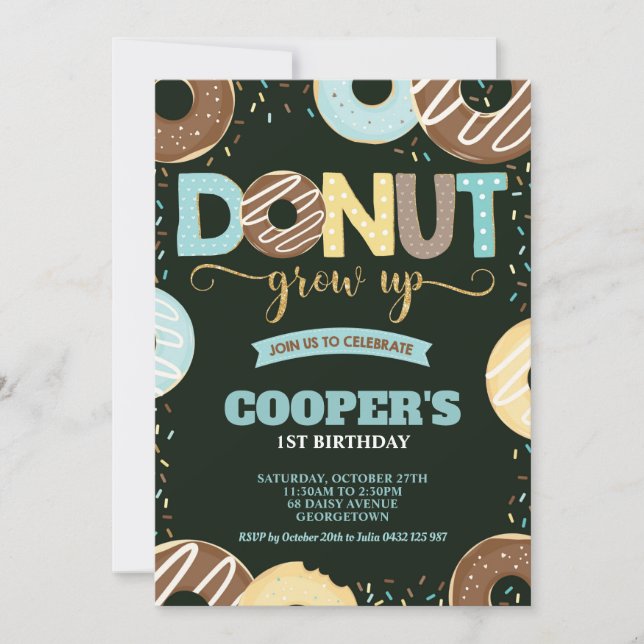 Donut Grow Up 1st Birthday Donut Party Boy Invitation (Front)