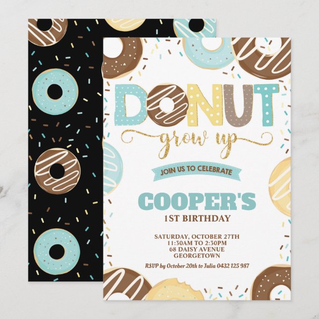 Donut Grow Up 1st Birthday Donut Party Boy Invitation (Front/Back)