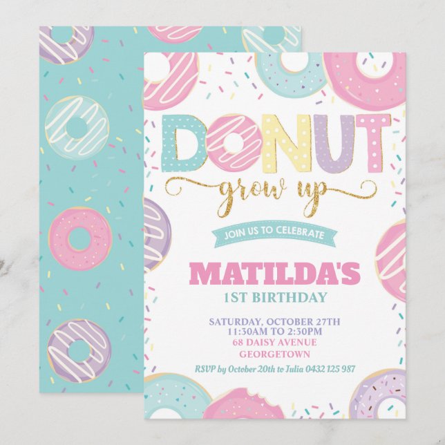 Donut Grow Up 1st Birthday Girl Donut Party Invitation (Front/Back)