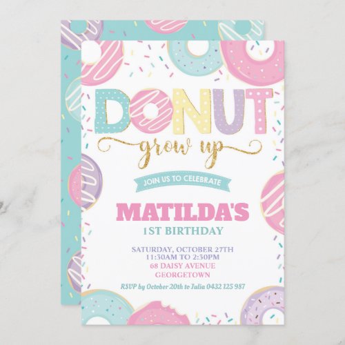 Donut Grow Up 1st Birthday Girl Donut Party Invitation