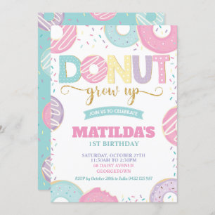 Donut Grow Up 1st Birthday Girl Donut Party Invitation
