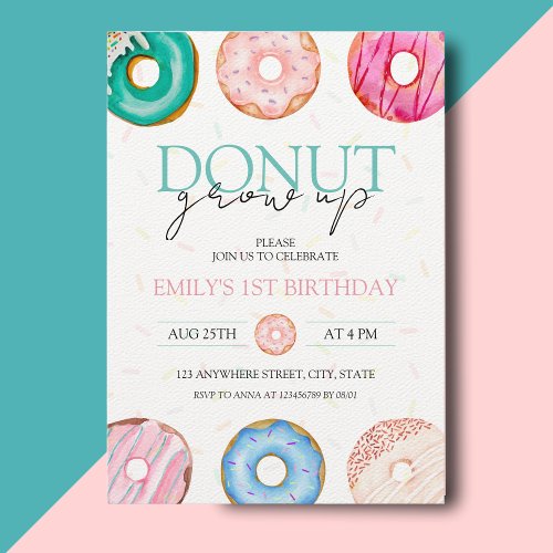 Donut Grow Up 1st birthday  Invitation