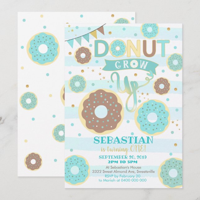 Donut Grow Up 1st Birthday Invitation Boy Donut (Front/Back)