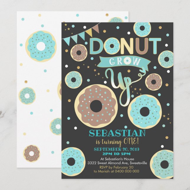 Donut Grow Up 1st Birthday Invitation Boy Donut (Front/Back)