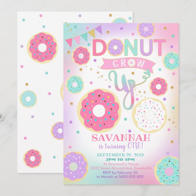 Donut Grow Up 1st Birthday Invitation - Girl (Front/Back)