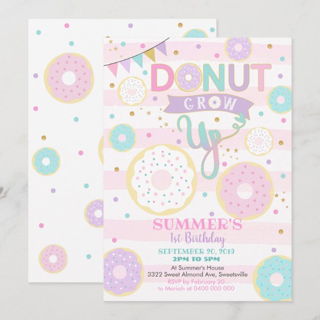 Donut Grow Up 1st Birthday Invitation - Girl (Front/Back)