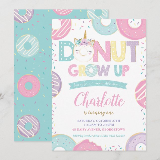 Donut Grow Up 1st Birthday Unicorn Donut Invitation (Front/Back)