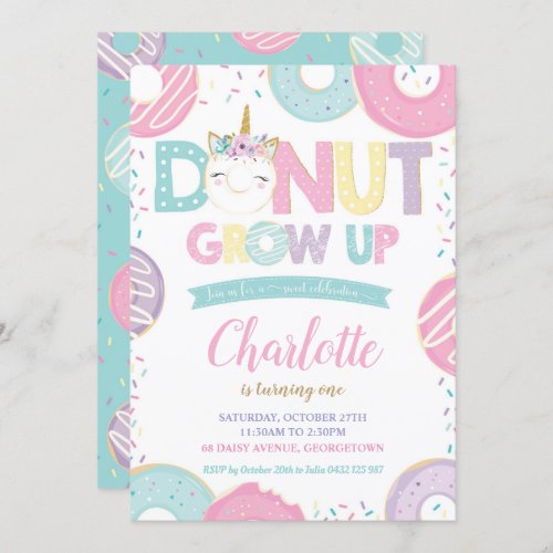 Donut Grow Up 1st Birthday Unicorn Donut Invitation