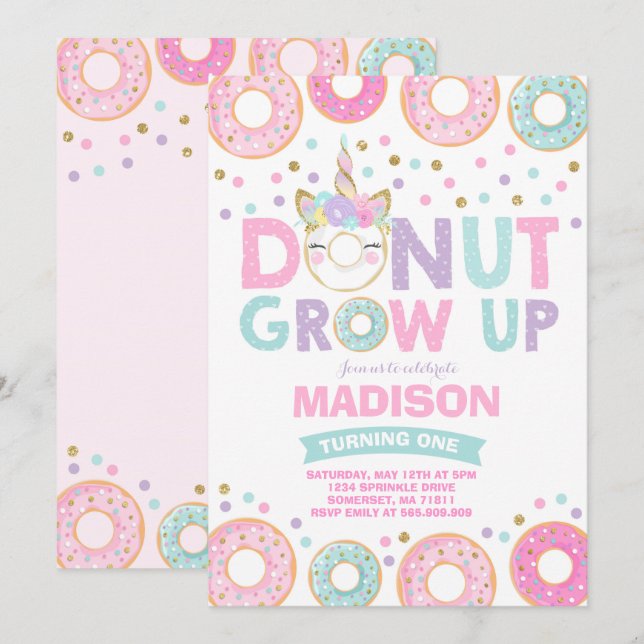 Donut Grow Up Birthday Invitation Donut & Unicorn (Front/Back)