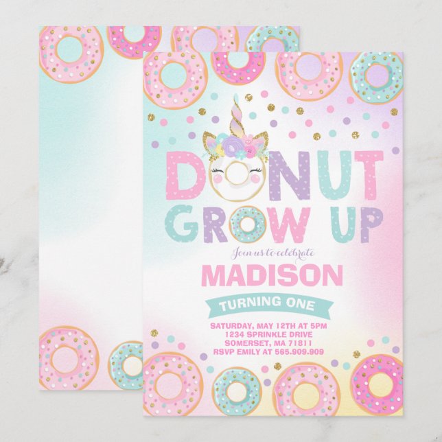 Donut Grow Up Birthday Invitation Donut & Unicorn (Front/Back)