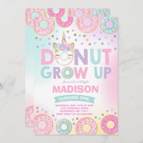 Donut Grow Up Birthday Invitation Donut  Unicorn