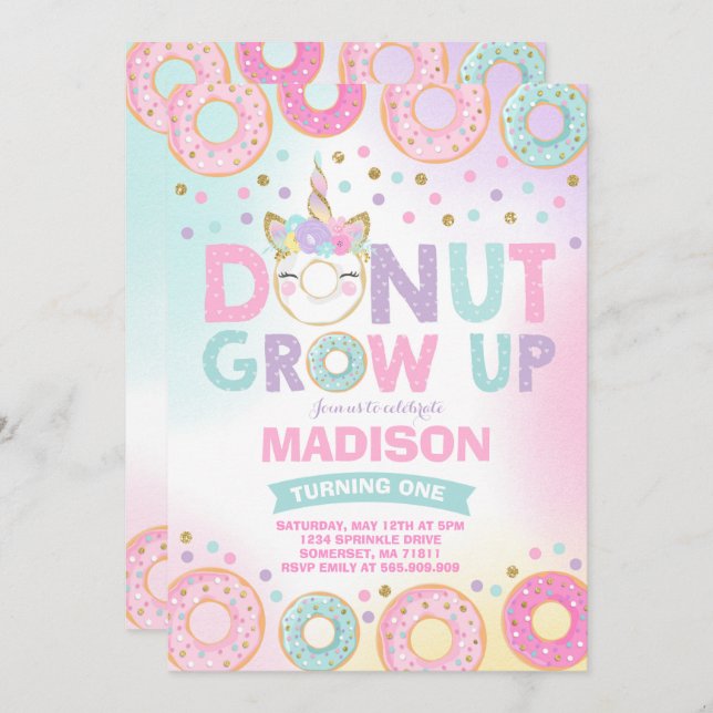 Donut Grow Up Birthday Invitation Donut & Unicorn (Front/Back)