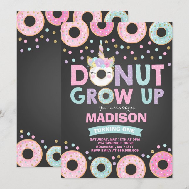 Donut Grow Up Birthday Invitation Donut & Unicorn (Front/Back)