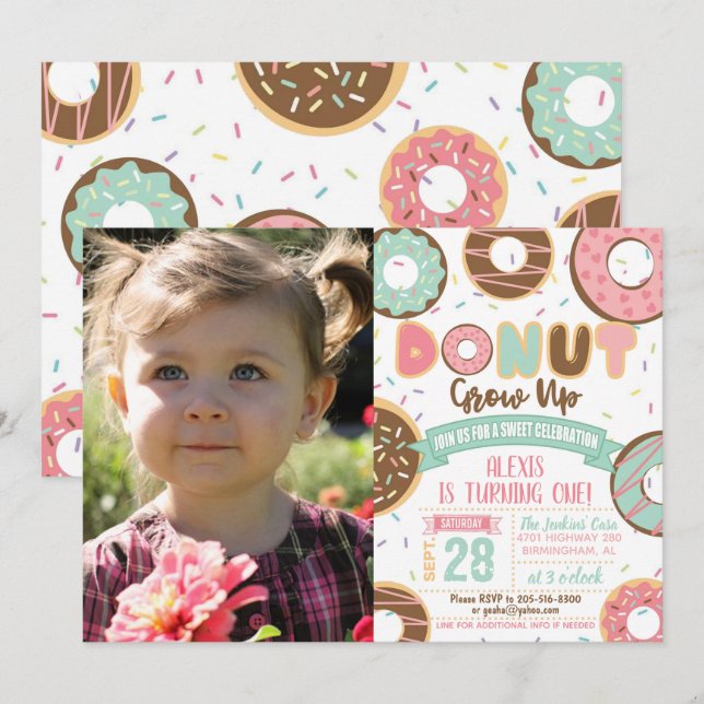 Donut Grow Up Birthday Invitation with Photo (Front/Back)