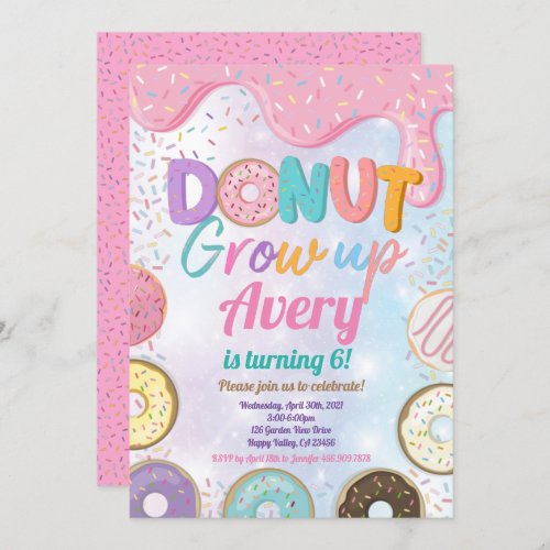 Donut Grow Up Birthday Party Pink Pastel Girl  Inv Invitation