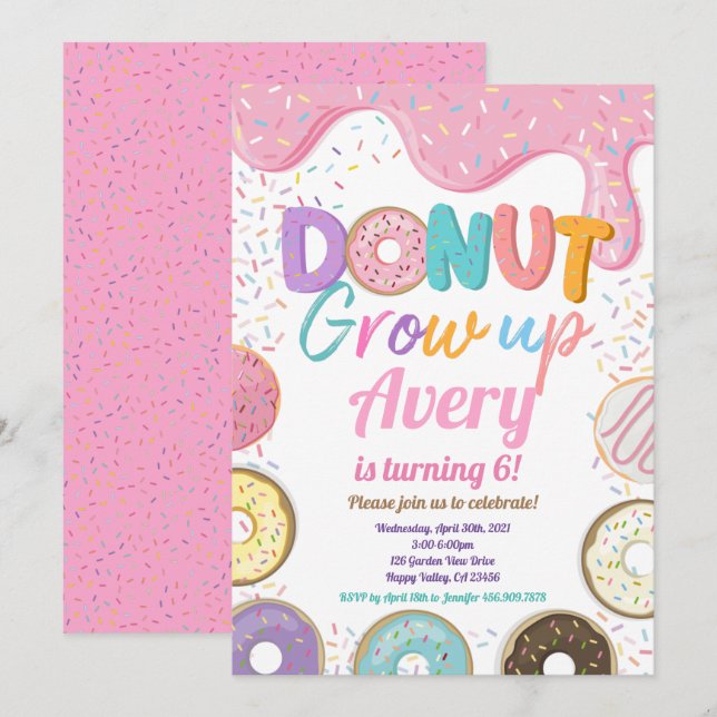 Donut Grow Up Birthday Party Pink Pastel Girl  Invitation (Front/Back)