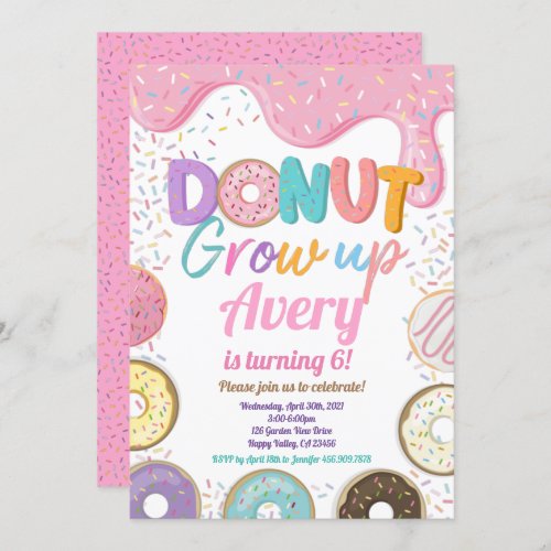 Donut Grow Up Birthday Party Pink Pastel Girl  Invitation