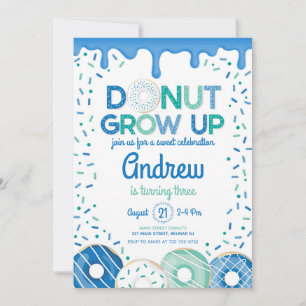 Donut Grow Up Blue Boy Birthday Invitation