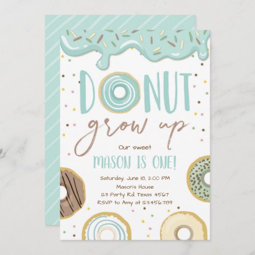 Donut Grow Up Blue Boy Birthday Party Invitation