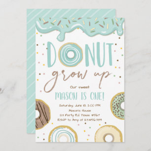 Donut Grow Up Blue Boy Birthday Party Invitation