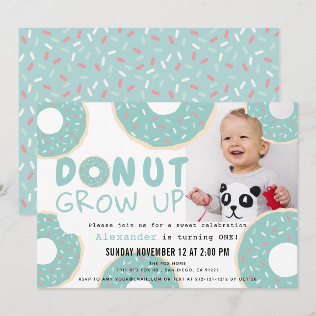 Donut Grow Up Blue Boy Photo 1st Birthday Invitation (Front/Back)