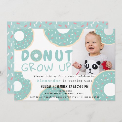 Donut Grow Up Blue Boy Photo 1st Birthday Invitation