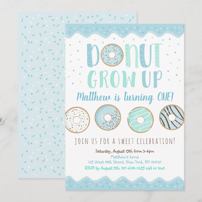 Donut Grow Up Blue Donut Birthday Invitation (Front/Back)