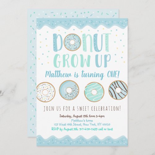 Donut Grow Up Blue Donut Birthday Invitation