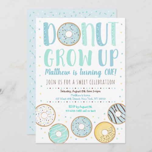 Donut Grow Up Blue Donut Birthday Invitation