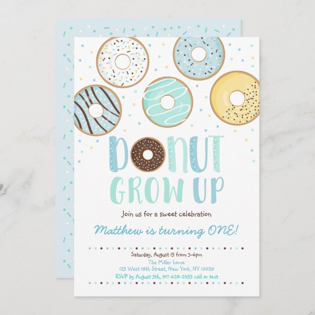 DONUT Grow Up Blue Donut Boy Birthday Invitation (Front/Back)