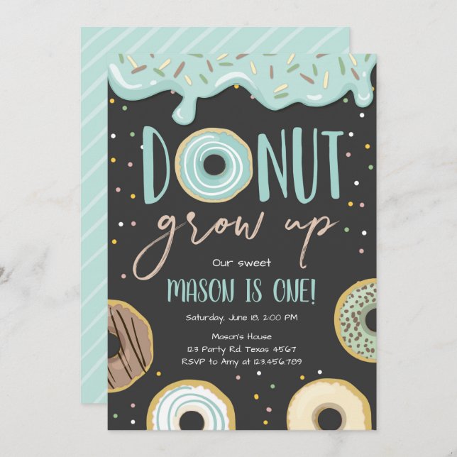 Donut Grow Up Blue Pastel Boy First Birthday Invitation (Front/Back)