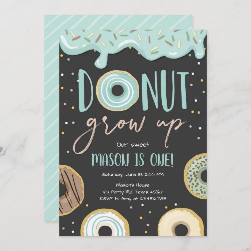 Donut Grow Up Blue Pastel Boy First Birthday Invitation