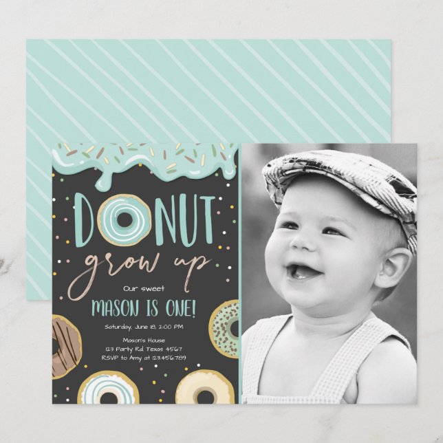 Donut Grow Up Blue Pastel Boy First Birthday Invitation (Front/Back)