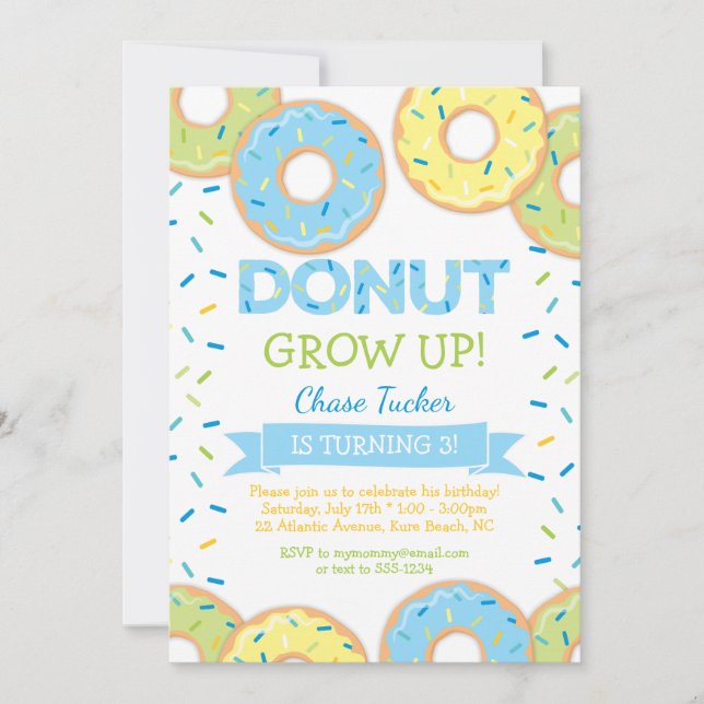 Donut Grow Up Boy Birthday Invitation Blue (Front)