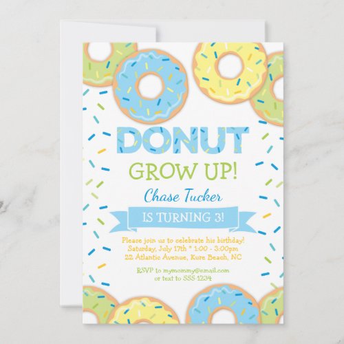 Donut Grow Up Boy Birthday Invitation Blue