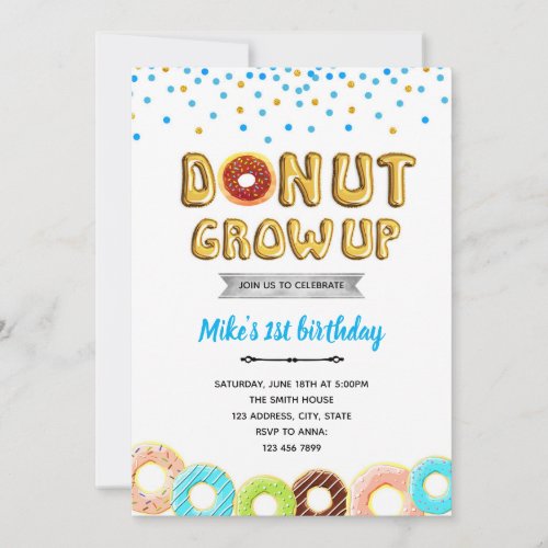 Donut grow up boy  party  invitation