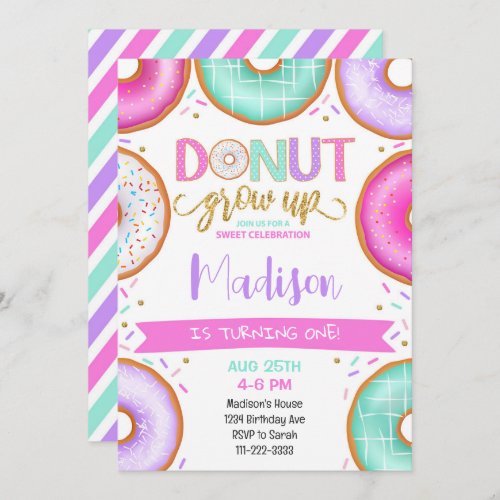 Donut Grow Up Colorful Birthday Invitation