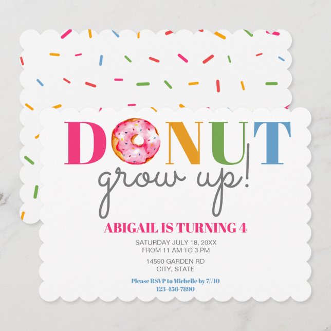 Donut Grow Up Cute Birthday sprinkles party kids Invitation (Front/Back)