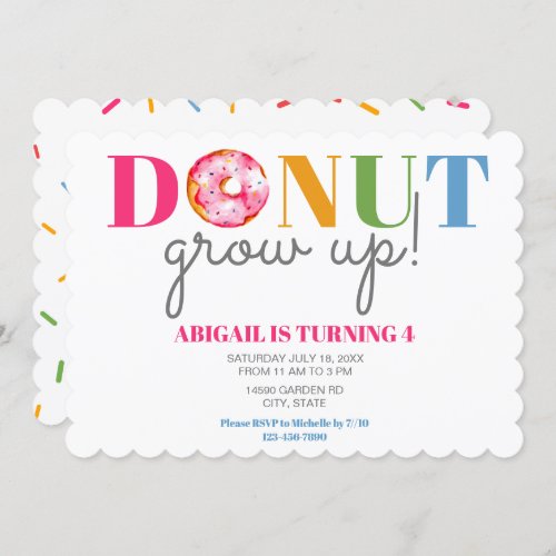 Donut Grow Up Cute Birthday sprinkles party kids Invitation