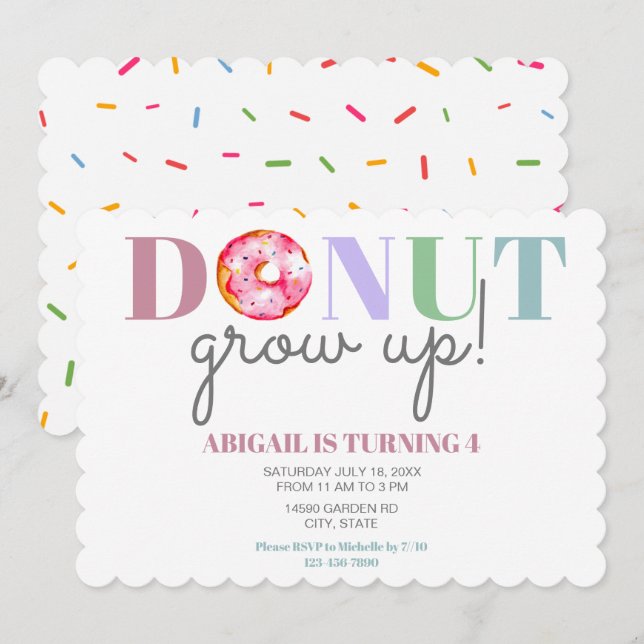 Donut Grow Up Cute Birthday sprinkles party kids Invitation (Front/Back)