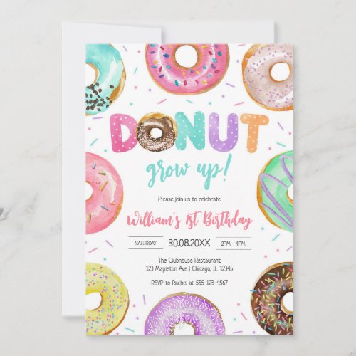 Donut Grow Up Donut Birthday Party Invitation