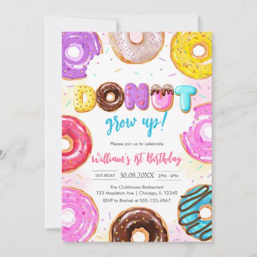 Donut Grow Up Donut Birthday Party Invitation